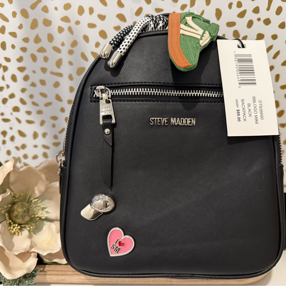 Steve Madden Black Backpack with 2 Cute Keychains & 2 Pins NWT